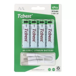   TCBEST újratölthető R6 (AA) elem 950 mAh, USB-C csatlakozóval és töltőkábellel (4db)