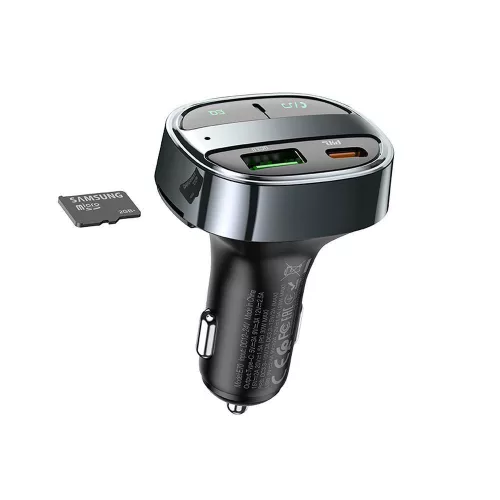 Hoco E70 bluetooth FM transmitter / autós töltő, USB-A-USB-C, digitális kijelző, PD, QC3.0, 5A, 30W, fekete