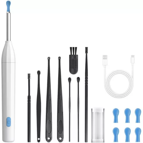 Elektromos fültisztító készlet, otoszkóp, HD mini kamerával, Wifi-s, LED világítással, Wooze Visual Ear Cleaner, fehér