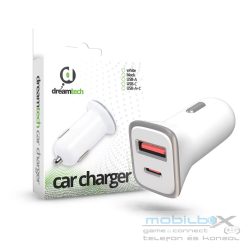   Dreamtech PD 18W FEHÉR Autós töltő Type-C + USB A csatlakozókkal