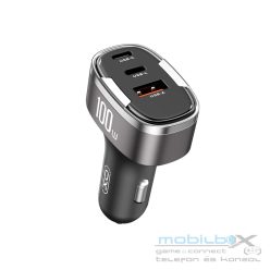   XO CC61 Szürke Autós Töltő 100W PD QC 3.0 - 1db USB-C + 1db USB-A + 1db Lightning foglalattal 