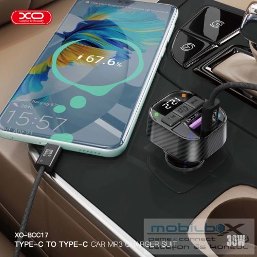 XO BCC17 FM Transzmitter Autós Töltő 30W, USB-C/USB-C kábellel a csomagban