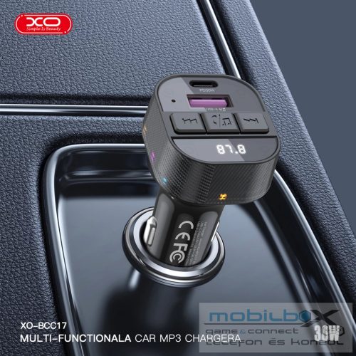 XO BCC17 FM Transzmitter Autós Töltő 30W, USB-C/USB-C kábellel a csomagban