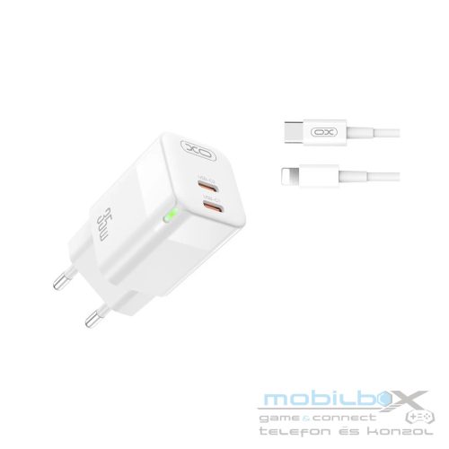 XO CE08 Fehér Hálózati Töltő szett PD35W 2*USB-C + USB-C/USB-C kábel a dobozban