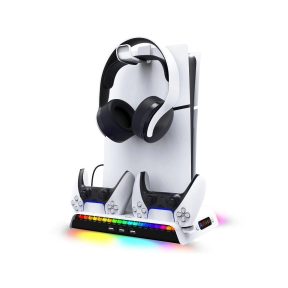 iPega P5S006 multifunkcionális töltő állvány RGB hűtéssel PS5 Slim készülékhez fehér